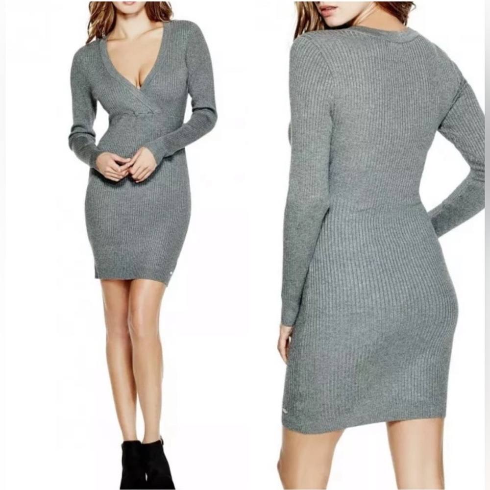 Guess Dorien Ribbed charcoal gray sweater dress